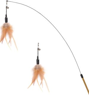 Feather Teaser Cat Toy - Interactive Wand with Extra Long 34.5" Wand and Small Bell, Fun Exerciser Playing Toy for Kittens or Cats, Brown Feather