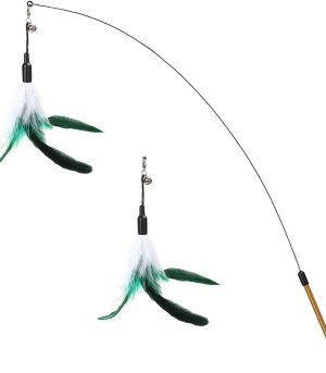 Feather Teaser Cat Toy, Interactive Feather Wand Cat Toy Flying Feather Cat Catcher with Extra Long 34.5" Wand and Small Bell, Fun Exerciser Playing Toy for Kitten or cat, White & Green
