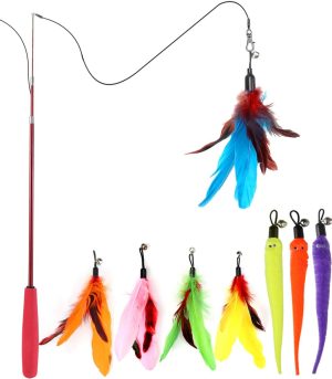 Cat Feather Toy, Retractable Cat Toys Wand 2 Wands & 9 Assorted Teaser Refills, Interactive Feather Teaser Wand Toy Bell Kitten Cat Having Fun Exerciser Playing