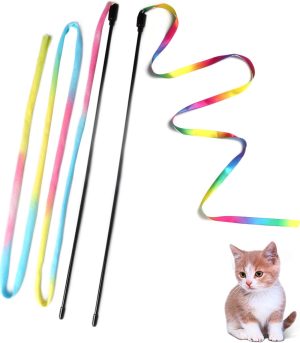 Cat Wand Toys Interactive Kitten Toys for Indoor Cats Colorful Teaser Wand String for Exercise Kitten Stick Kitty Rope Toy Rainbow Ribbon Cat Charmer -2Pcs