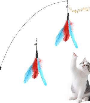 Feather Teaser Cat Toy, Interactive Feather Wand Cats Toy Flying Feathers Cat Catcher with Extra Long 34.5" Wand and Small Bell, Exerciser Playing Toys for Kitten or Cats, Blue + Red Brown