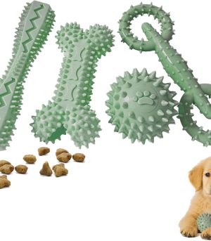 4 Pack Puppy Toys for 2-8 Months Pets Dog Chew Toy for Small Puppies Teething Toys for Cleaning Teeth Food Dispensing Soft Durable Rubber Bone Funny Ball Interactive Donut Treat Dumbbell (Green)