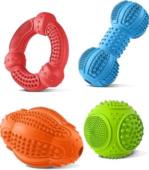 Dog Chew Toys 4 Pack, Dog Toys for Aggressive Chewers Small Medium Large Breed, Multifunctional Teeth Cleaning and Gum Massage, Tough Dog Toys with Natural Rubber for Puppy and Medium Large Dog