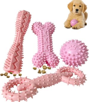 4 Pack Puppy Toys for 2-8 Months Pets Dog Chew Toy for Small Puppies Teething Toys for Cleaning Teeth Cute Pink Small Dog Toys Soft Durable Interactive Chew Toy Puppy Supplies Starter Kit (Pink)