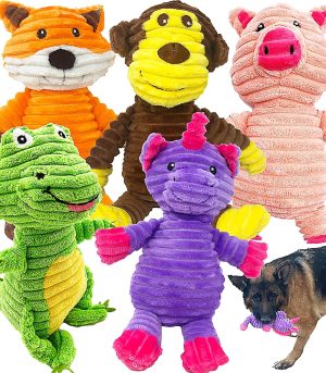 Plush Toys Assortment Value Bundle Puppy Pet Mutt Squeak Toy for Medium Large Dogs (5 Pack Corduroy)
